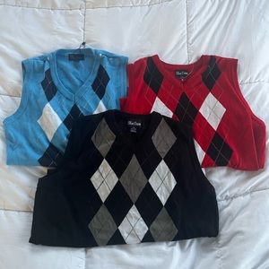 bundle of 3 argyle sweater vests: black, red, blue